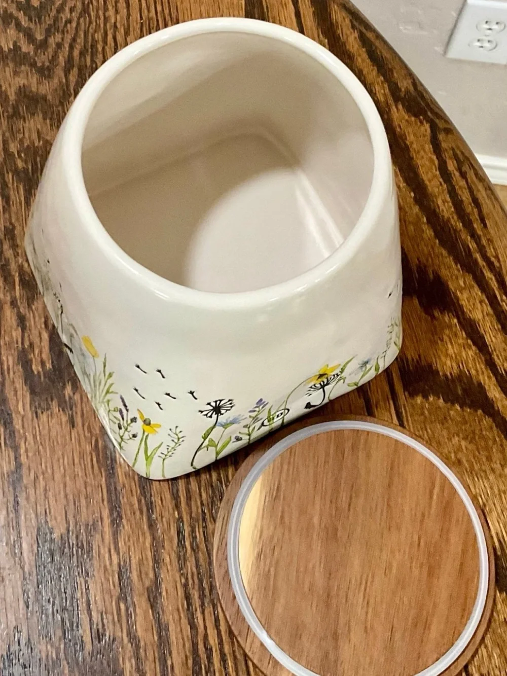 “Keep” Rae Dunn Floral Wildflower Ceramic Jar with Brown Wood Lid, 6” H x 4” D